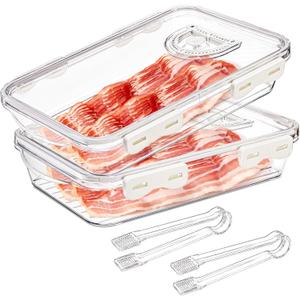 Okllen 2 Pack Bacon Container for Refrigerator, Plastic Cheese & Deli Meat Container with Air-sealed Tight Lids for Fridge, Bacon Keeper with Food Serving Tongs Cold Cuts Food Storage Organizer