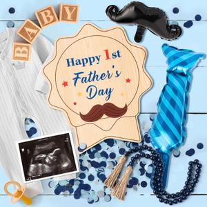 9Pcs Pregnancy Announcement Set Coming Soon Baby Announcement Ideas Include Happy Father's Day Wooden Sign Balloon Beads Garland New Parents Pregnancy Reveal Photo Prop Backdrop for 1st Father's Day