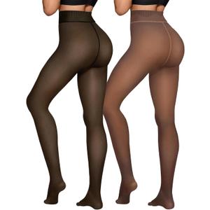 Fleece Lined Tights Sheer Women - Fake Translucent Warm Pantyhose Leggings Sheer Thick Tights for Winter (Medium, Invisible One Line Crotch-black+brown)