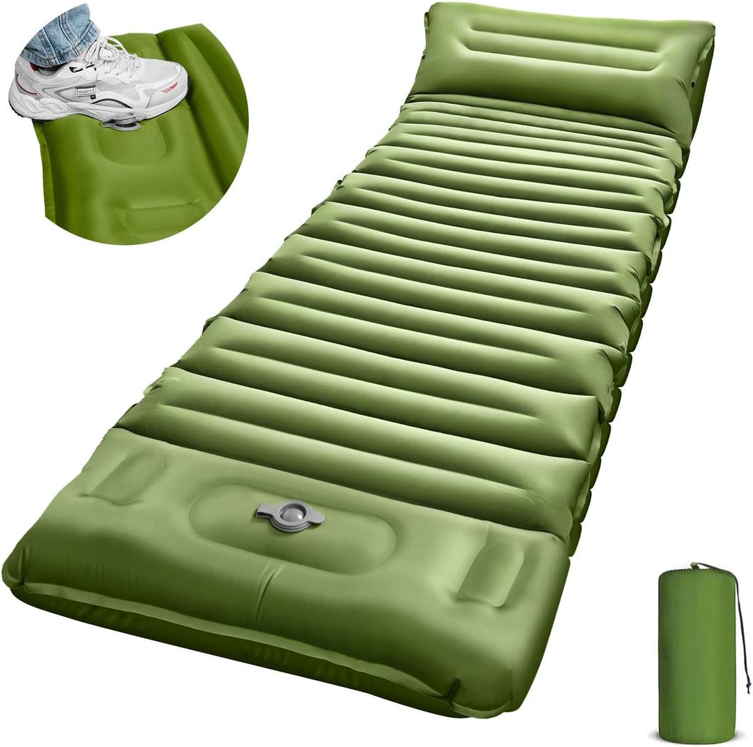 Sleeping Pad for Camping, 5" Extra-Thick Camping Mat with Pillow Built-in Foot Pump, Ultralight Inflatable Sleeping Mat for Camping, Backpacking, Hiking, Camp Tent (Single, Green)