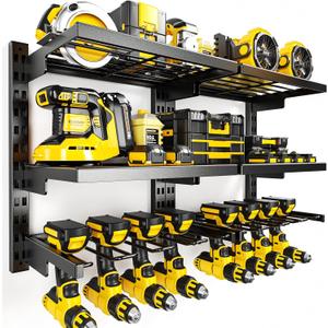 POKIPO Large Modular Power Tool Organizer Wall Mount With 6 Adjustable Shelf, Heavy Duty Iron Tool Storage Rack Loads 300lbs with 8 Cordless Tools Drill Holder,Battery Utility Rack for Garage Workshop