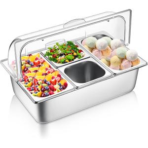4 Pans Countertop Ice Food Serving Display Container and Clear Roll Top Cover Stainless Steel Condiment Dispenser Serving Tray Salad Bar Buffet Station for Restaurant Hotel Kitchen Party, 22.1" x 14.6" x 8.7"