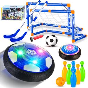 4-in-1 Hover Soccer Ball Hockey & Bowling Set, LED Air Floating Sports Toy for Indoor Outdoor Play for Kids Ages 3-12, Birthday for Boys Girls Toddlers