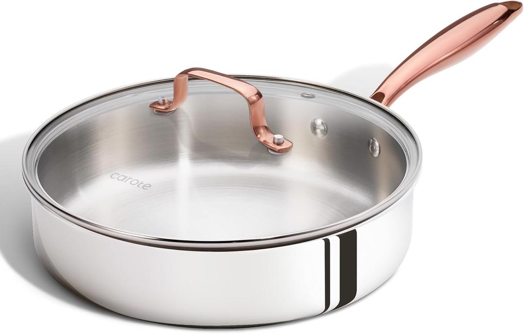 CAROTE 10" Tri-Ply Stainless Steel Deep Frying Pan with Lid, Non-Toxic Saute Pan, Oven Safe, Induction, Ceramic and Gas Cooktops Compatible, Silver, Mothers Day Gifts
