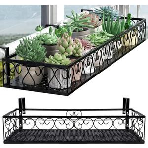 Hanging Railing Planter with Hooks, Iron Hanging Planter Holder, Balcony Plant Holder Railing Shelf Fence Hanging Flower Bucket for Outdoor Garden Window Porch Patio (23.6 x 7.8 x 4.7 Inch)