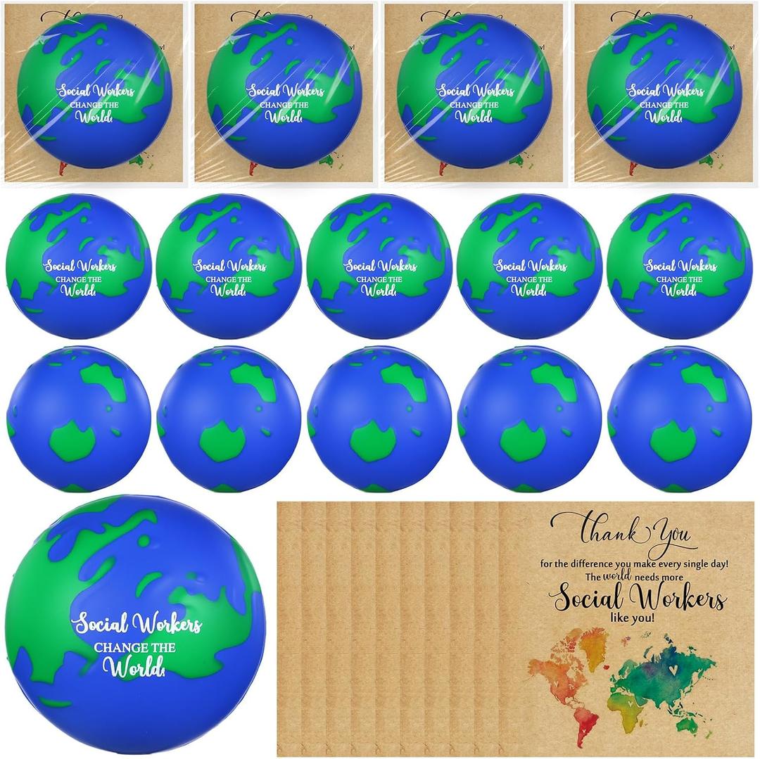 Jenaai 12 Sets Social Worker Gift 2.5 Inch Mini Graduation Globe Earth Stress Balls Squeeze Relief Balls with Thankful Card for Office Finger Exercise Volunteers