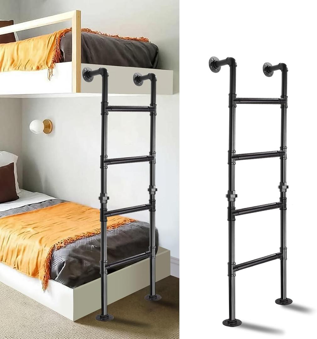 4.8FT Bunk Bed Ladder, Wall to Floor-Mounted Basement Window Well Egress Ladder, Wrought Iron Loads 330lbs, Indoor Outdoor 4-Rung, for Home Library Attic Loft Dorm Deck (4.8FT/148cm)