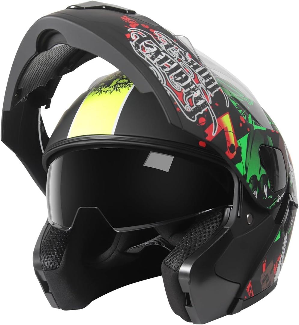 DOT Approved Full Face Modular Flip-Up Dual Visor Motorcycle Helmet for Adult Men Women, Lightweight ABS Shell & Ventilated, Street Bike ATV (Skull, Small)