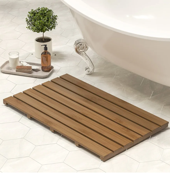 Bamboo Wooden Bath Floor Mat for Luxury Shower - Non-Slip Bathroom Waterproof Carpet for Indoor or Outdoor Use (Walnut,31.3 x 18.1 x 1.5 Inches)