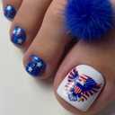 24Pcs 4th of July Press on Toenails Short Square WLGDLH Toenail Press ons Blue Glossy Fake Toe Nails Bald Eagle Stars False Toenails Full Cover Acrylic White Glue on Toenail for Women