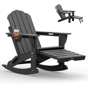 Rocking Adirondack Chair with Ottoman, Folding Rocker (Dark Grey) | 4-in-1 Design, HDPE, Pull Out Footrest, 2 Cup Holders, Adjustable Backrest, Outdoor, All Weather, Ideal for Porch Patio Deck