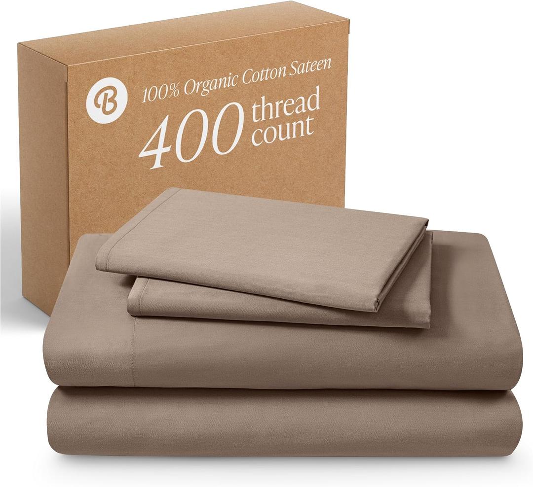 Bare Home 100% Organic Cotton Twin Sheet Set - 400 Thread Count - Smooth Sateen Weave - Breathable & Cooling - Hotel Luxury Set - Deep Pocket Bed Sheets (Twin XL, Taupe)