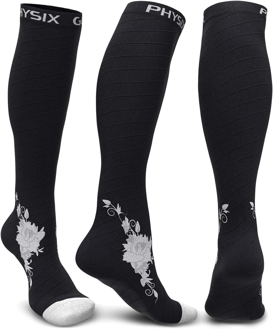 Physix Gear Compression Socks 20-30 mmHg - Men & Women - Running, Nurses, Shin Splints, Flight, Travel (Black/Grey Flower)