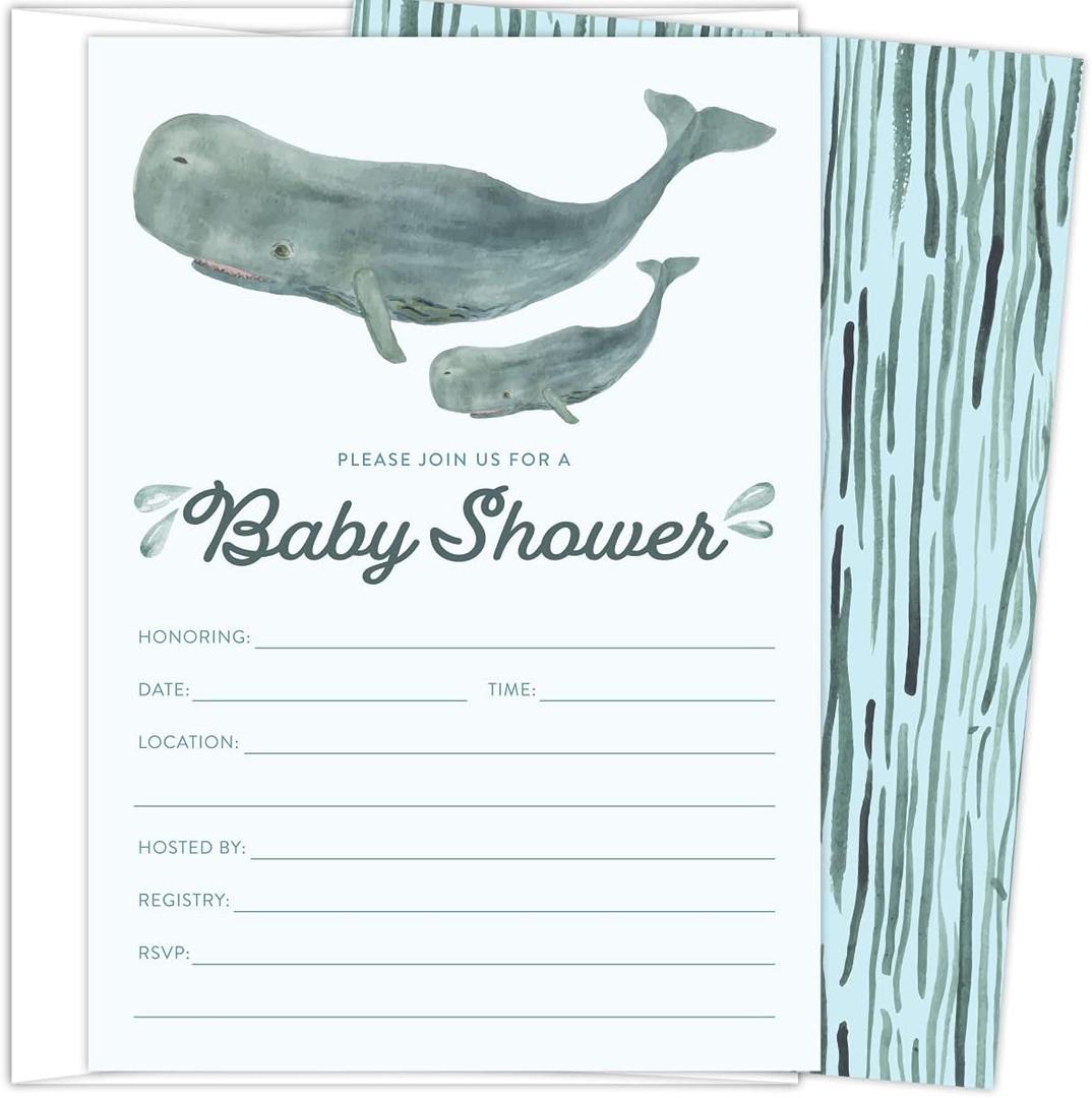 Koko Paper Co Whale Baby Shower Invitations | 25 Fill-in Invitations and Envelopes | Printed on Heavy Card Stock.