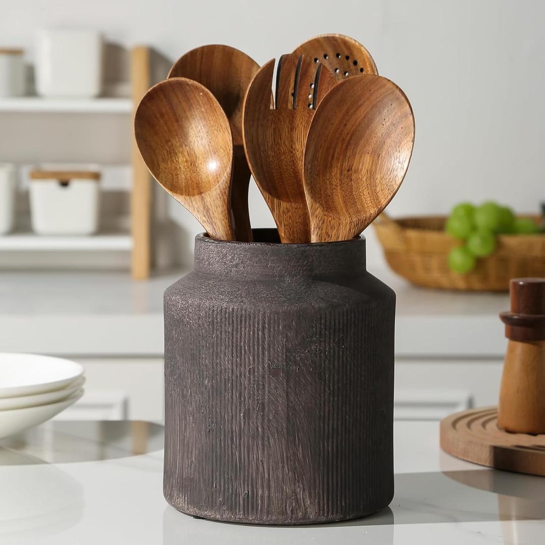 ATLZBLTCI Farmhouse Ceramic Farmhouse Kitchen Utensil Holder for Countertop, Rustic Cooking Utensil Holder Crock Fit for Kitchen Counter. 6.1 x 6.1 x 7 IN