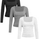RoseSeek Girl's 3 Pack Long Sleeve Shirts Square Neck Slim Fit Ruched T Shirt Casual Basic Tees Fall Tops Multicolor 13Y