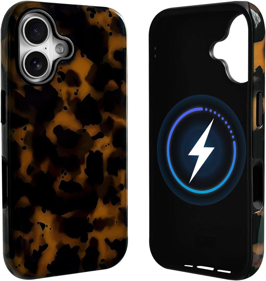 NITITOP Compatible with iPhone 16 Plus Case Magnetic Compatible with MagSafe Cute Leopard Amber Aesthetic Tortoise Design for Women Men Girls Soft TPU Shockproof Protective Cover - Black