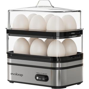 Evoloop Rapid Egg Cooker Electric 12 Eggs Capacity, Soft, Medium, Hard Boiled, Poached, Omelet Maker Egg Poacher & Vegetable Steamer, BPA Free Tray (Silver)