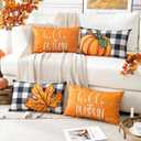 Artscope Fall Decorative Throw Pillow Covers 12x20 Inch Set of 4 Fall Gifts for Home Decor, Buffalo Plaid Autumn Pumpkin Maple Leaves Harvest Decoration Pillow Cases for Home Sofa Couch Decor-Orange A