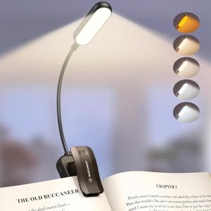 Glocusent 20 LED Reading Lights for Books in Bed, Eye Caring Reading Light, 5 Colors & 5 Brightness 3100LM Dimmable, 1200mAh Rechargeable Book Light to 90H, Lightweight Clip on Light for Book Lovers (Black)