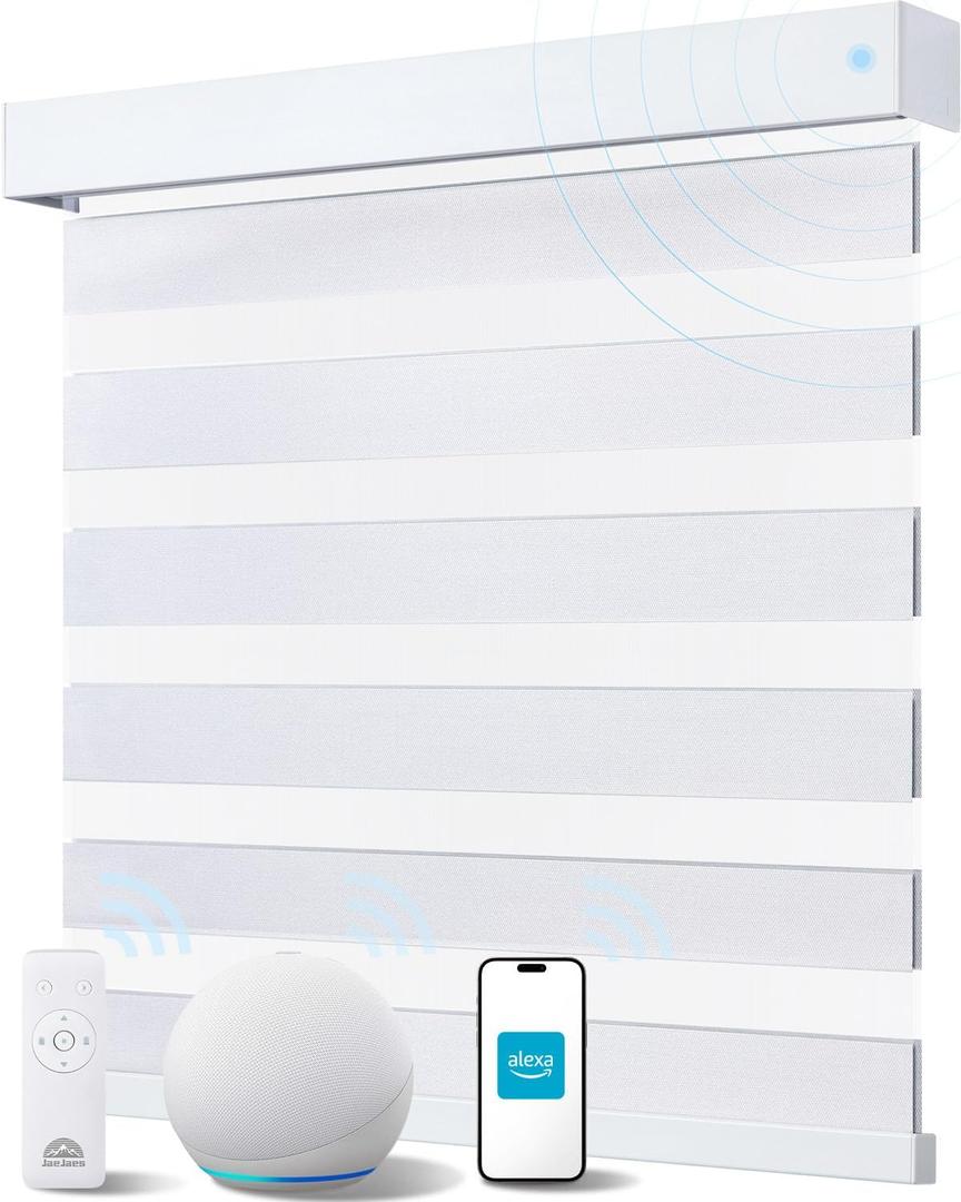 Smart Zebra Blinds for Windows, Alexa Motorized Zebra Shades with Remote Control, Automatic Electric Power Roller Blinds for Indoor Windows (25" W X 72" H, White)