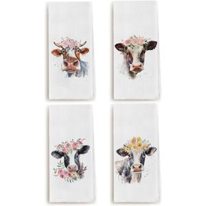 Flowers Highland Cow Kitchen Towels and Dishcloths Sets of 4, Farmhouse Cute Cow Print Dishcloth Watercolor Decorative Hand Tea Towel for Kitchen Home Cooking Baking Cleaning, 16×24 Inches