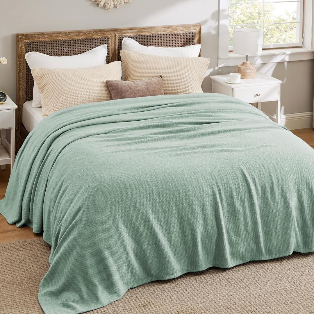 Bedsure 100% Cotton Blanket Queen Size for Bed - Breathable and Lightweight, Soft Cozy Textured Herringbone Woven Blanket for Summer, Sage Green, 90x90 inches