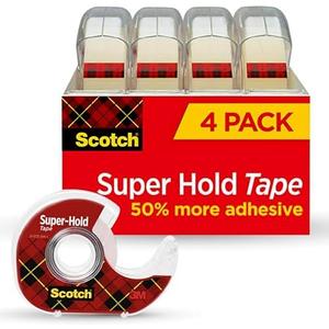 Scotch Super Hold, Transparent, Clear Glossy Finish, 4 Tape Rolls with Dispenser, Tape Rolls for Home Office and School, 3/4 in. x 650 in., Pack of 4