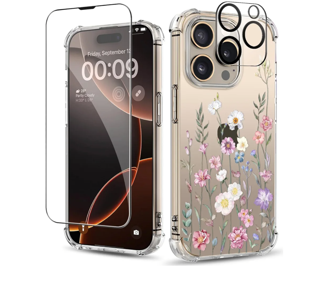 for iPhone 16 Pro Case,[3 in 1] with Screen Protector & Camera Lens Protector, Flower Pattern Design, Clear Soft Shockproof Slim Floral Phone Cover for Women Girls 2024 6.3"(Blooming Flowerets)