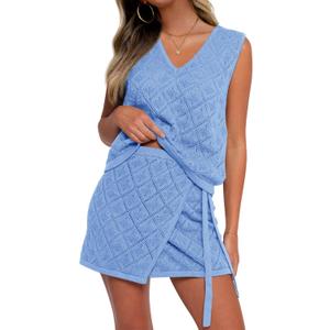 Fisoew Womens 2 Piece Crochet Swimsuit Cover Ups Sleeveless V Neck Tank Tops Wrap Skirt Sets Beach Vacation Outfits (Large, Sky Blue)
