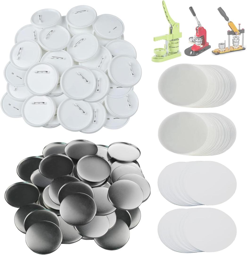 Happizza 100 Sets 75mm(3 inch) Button Parts for Button Maker Machine 75mm, Round Badge Button Making Supplies Blank Pin Back, Includes Metal Cover, Plastic Button Back Cover, Clear Film&Blank Paper