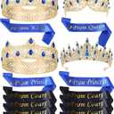 Ferreve 16 Pcs Prom King Queen Crown Sash Set Crystal Rhinestones Tiaras Sash for Prince Princess Court Birthday Wedding Graduation Party Favor Costume Accessories Dress Up(Blue)