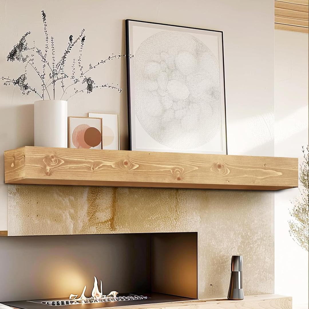 60" Fireplace Mantel, 5'' Thick Handmade Hollow Solid Wood Wall Long Floating Shelf with Invisible Wood Brackets, Wood Color, 60x5x8-hollow