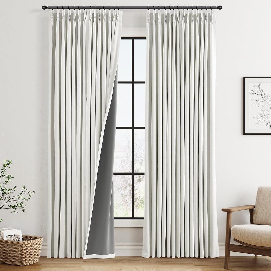 Ivory Pinch Pleated Linen 100% Blackout Curtains 96 Inch Length Pinch Pleat Drapes Back Tab Thermal Insulated Boho Farmhouse Living Room Darkening Bedroom Black Out Window Curtains 2 Panels Set