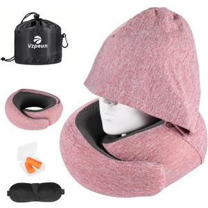 Travel Pillow - Hooded Neck Pillow Airplane Memory Foam Filling for Plane, Cars Sleeping, Road Trip, Long Flights, Portable Plane Accessories, Includes Eye Mask & Earplugs (Red)