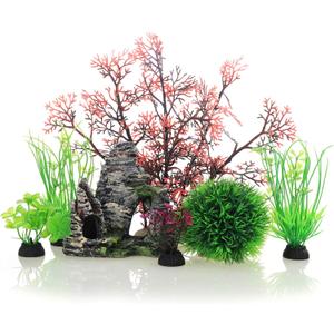 JIH Aquarium Fish Tank Plastic Plants and Cave Rock Decorations Decor Set 7 Pieces, Small and Large Artificial Fish Tank Plants with Cave Rock (CU89Red-7)