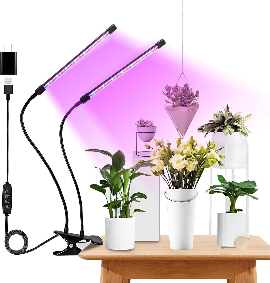 Grow Light Plant Lights for Indoor Plants,2 Heads LED Grow Light with Full Spectrum & Red Blue Purple Spectrum for Indoor Plant Growing Lamp,3/9/12H Timer, 10 Dimmable Levels (Both-Head)