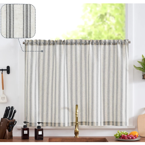 jinchan Striped Kitchen Curtain Linen Farmhouse Cafe Curtain 36 Inch Tiers Balanced Stripe Small Window Drape for Bathroom Laundry RV Over Sink Light Filtering 1 Panel Black on Linen, 50"W x 36"L (Pack of 1)
