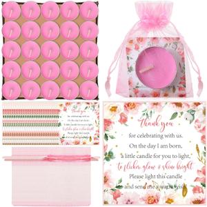 MTLEE 50 Sets Baby Shower Candle Favors for Guests Including 50 Pcs Tea Light Candles and 50 Thank Tags and 50 Return Gift Bags for Baby Shower Gender Reveal Party Supplies(Pink,Flowers)