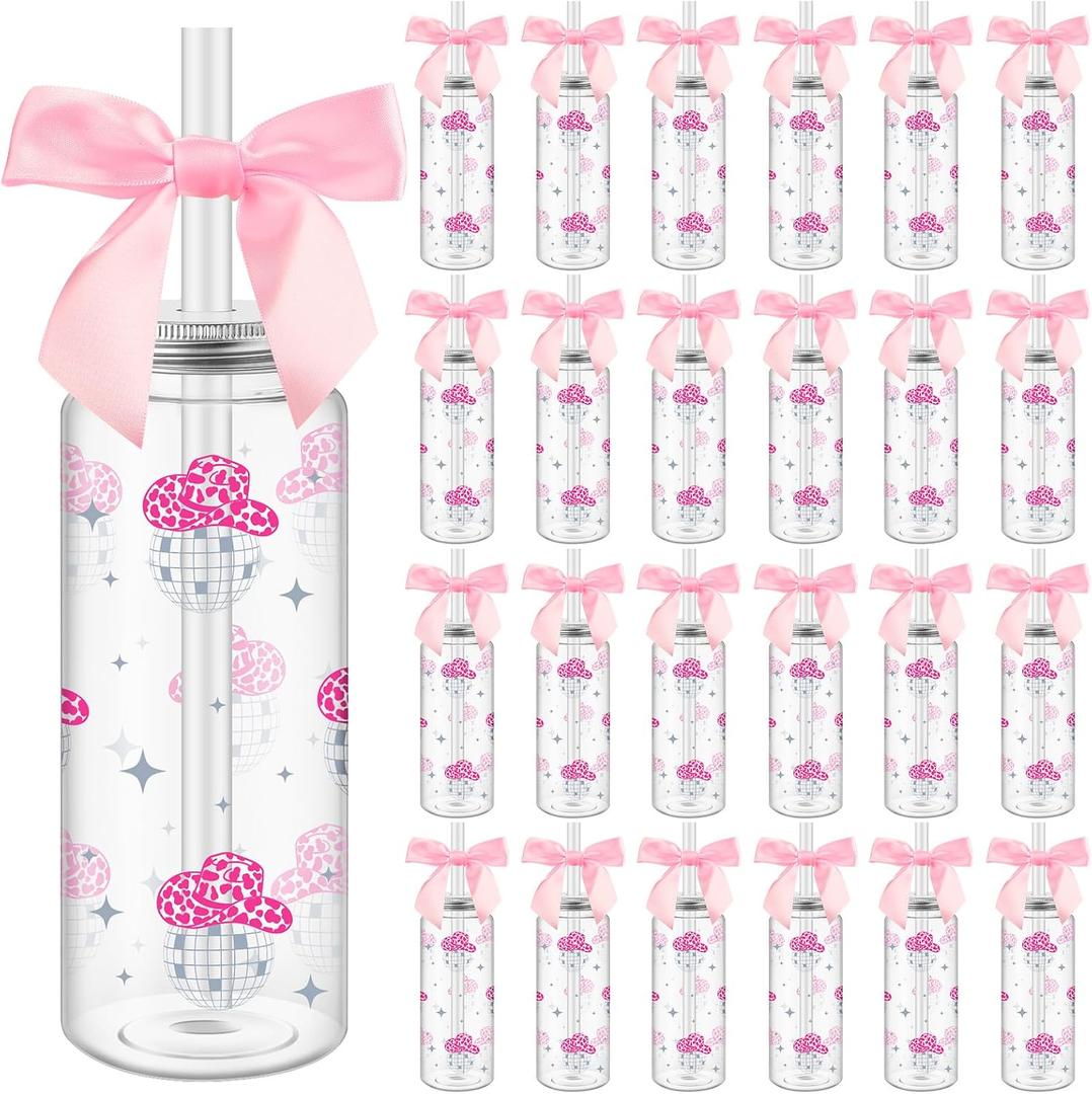 Honeydak 24 Pcs Western Cowgirl Cowboy Pink Plastic Tumbler 14.2 oz Plastic Cups with Lids and Straws and Bows, Cowgirl Tumbler for Disco Bachelorette Birthday Wedding 70s 80s 90s Party