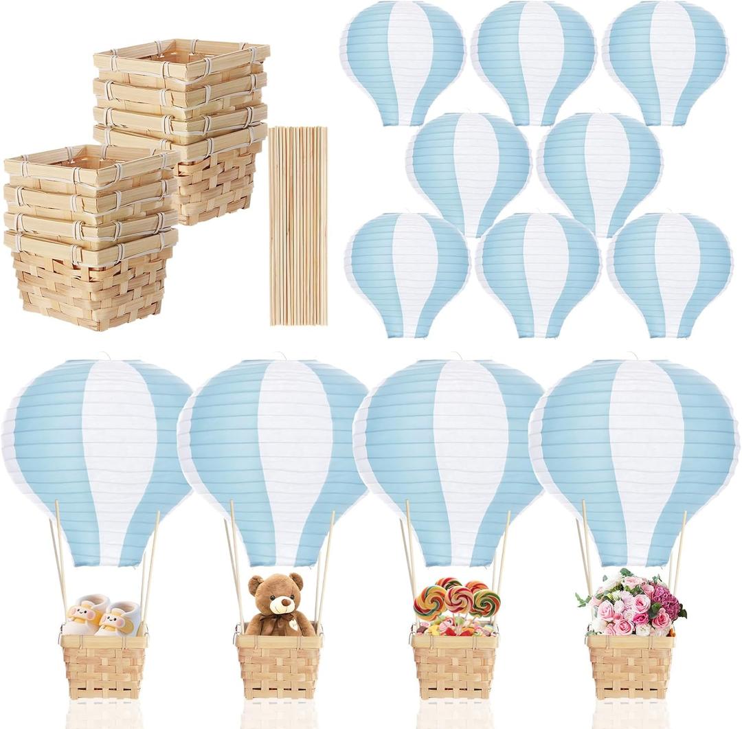 Meooeck 8 Sets Hot Air Balloon Table Centerpieces 11.8'' Paper Lanterns Woven Baskets with Sticks for DIY Hot Air Balloon Centerpiece Decor for Gender Reveal Birthday Baby Shower Wedding(Blue)