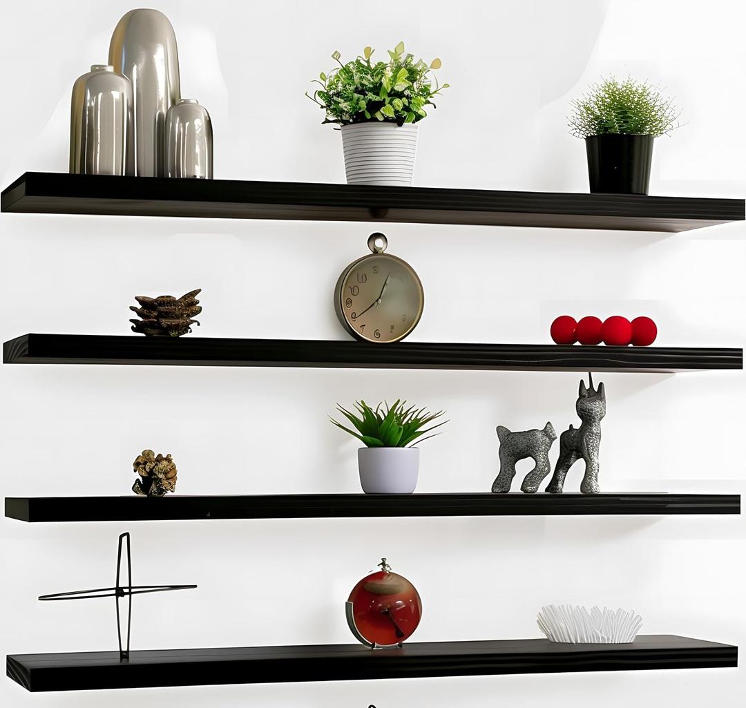 YYWUOJJ Wood Floating Shelves for Wall Decor, Rustic Wall Shelves for Bedroom Bathroom Kitchen Living Room, Set of 4 Black 48 Inch