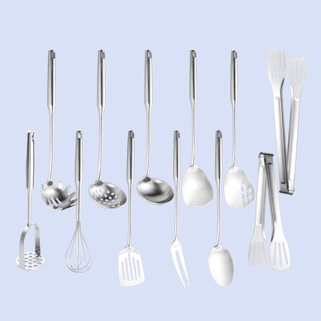Stainless Steel Kitchen Utensils 12 Pcs, Small Cooking Utensils Set,Spatulas,Ladle,Skimmer,Tunners,Serving Spoon,Spaghetti Spoon,Fork,Potato Masher,Egg Whisk,Tongs,Dishwasher Safe