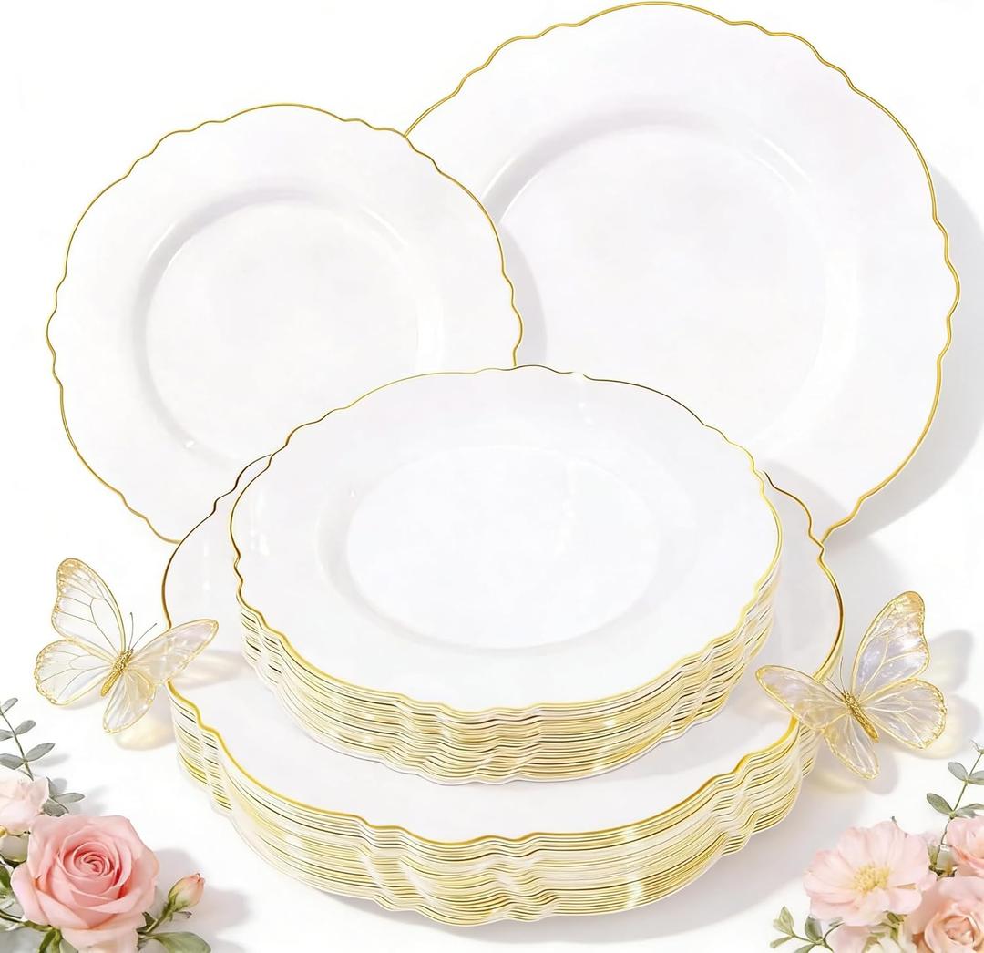 WDF 60pcs White and Gold Plastic Plates - Baroque White With Gold of 30 Heavy Duty Gold dinner plates 10.25inch, 30 Salad Plates 7.5inch Perfect for Wedding/Baby Shower/Spring/Mother's Day