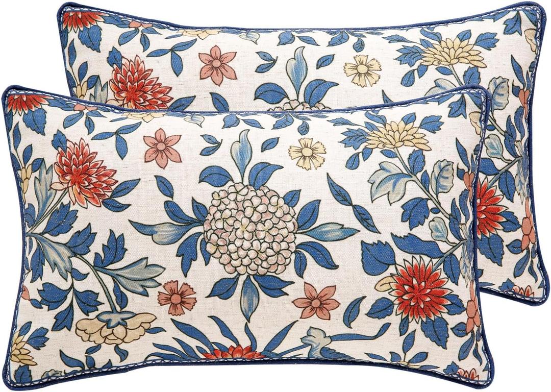 patdrea Designer Throw Pillow Covers Set of 2,Euro Elegant Linen with Colorful Blooming Floral Pattern Pillow Cover,Decorative Lumbar Pillowcases Cushion for Bed Living Room Outdoor Car,12"x20"