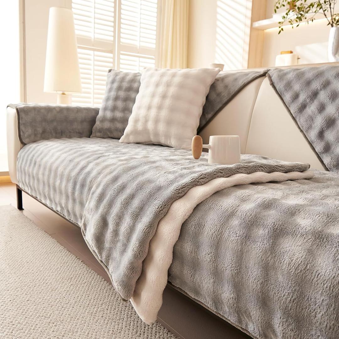 Velvet Couch Cover, Faux Fur Sofa Covers, Non-Slip Plush Couch Cover Furniture Protector (Light Grey,36"x36"/Armchair Sofa Cover)