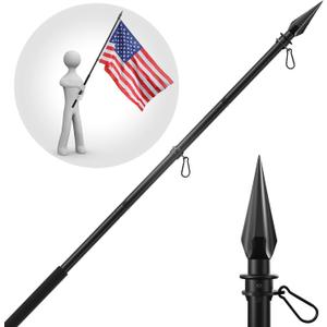 Flag Pole with Obelisk Topper 5 to 8.5FT with Embroidered American Flag for House Outdoor Carry Portable Use, Extendable Heavy Duty Black Flagpole Kit to Fly 2 Flags Together, Spear Finial