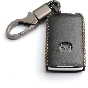 Leather for Mazda 3 Hatchback CX-5 CX-30 CX-9 Remote Smart 4 Buttons Key Case Holder Cover Fob Chain (Black)