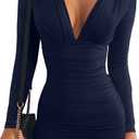 GOBLES Women's Sexy Long Sleeve V Neck Ruched Bodycon Mini Party Cocktail Dress X