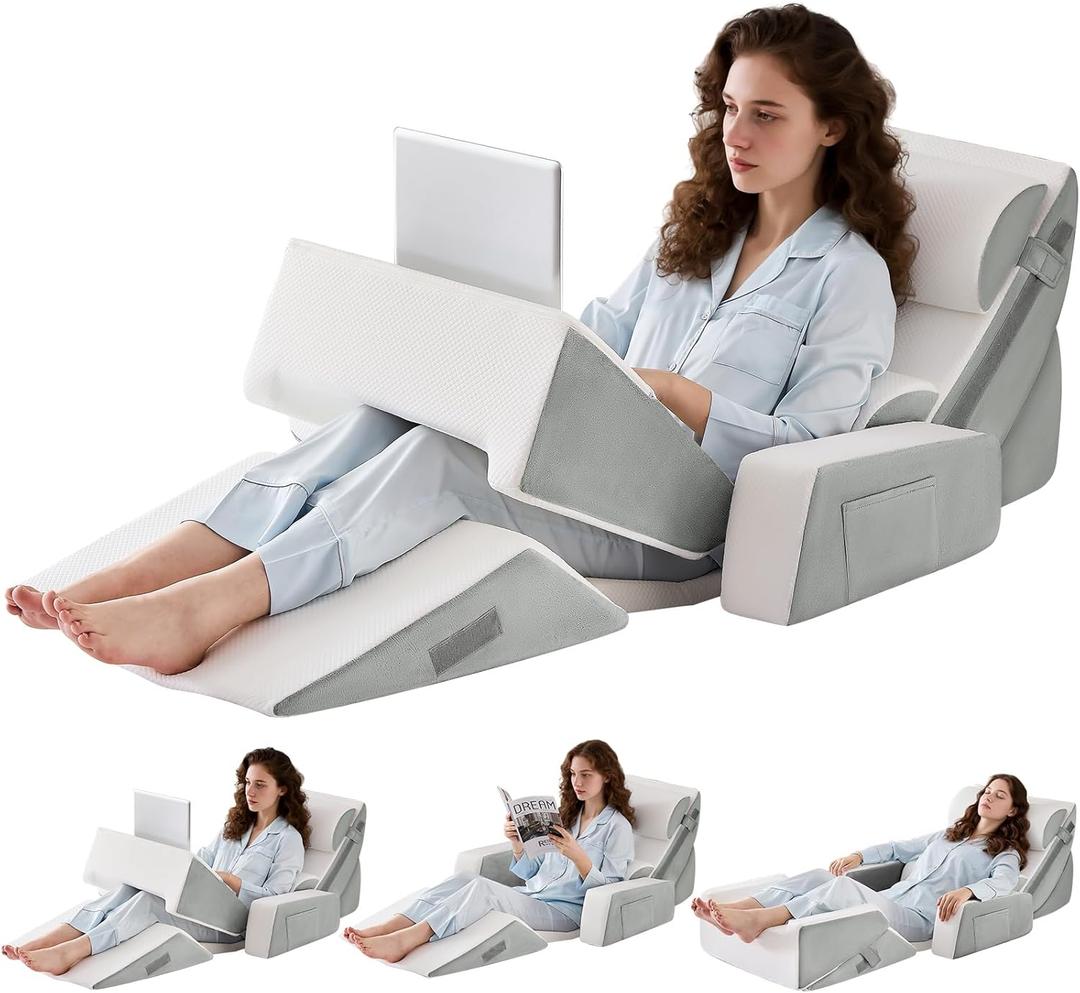 9PCS Wedge Pillow Set for After Surgery Recovery, Adjustable Memory Foam Neck Pillow, Foam Leg Pillow, Relieves Neck, Leg Pain, Sleep Apnea, and Functions as a Reading Pillow, Gray (White Grey)
